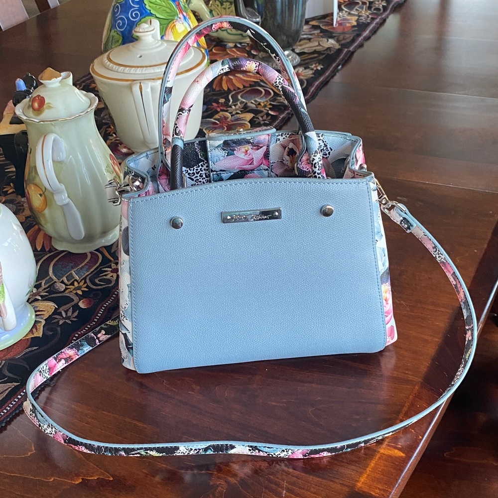Betsy Johnson Light Blue Floral Trim Satchel Handbag